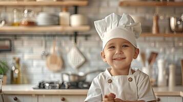 A little boy in a chef hat is smiling photo