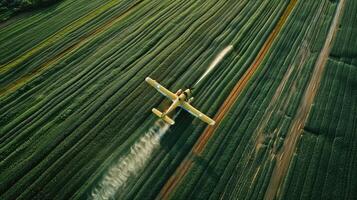 Aerial view of a plane spraying pesticide on a field photo