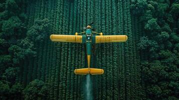 Aerial view of a small airplane spraying pesticide on a field photo