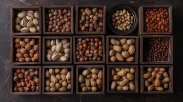 A variety of nuts in wooden boxes photo