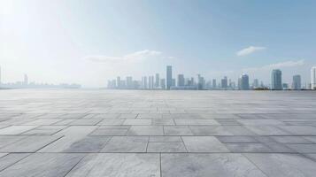 Empty concrete floor with city skyline in background photo
