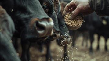 A person feeding grain to a cow photo
