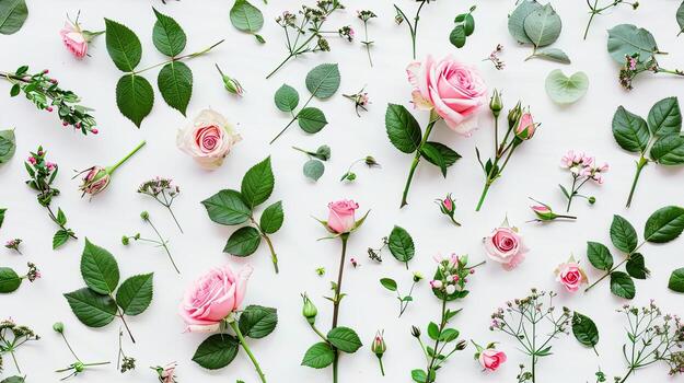 Pink roses and green leaves arranged in a pattern photo