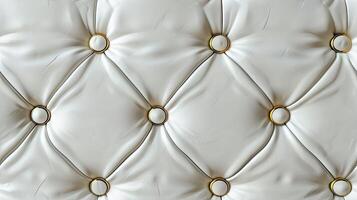 A close up of a white leather couch with buttons photo