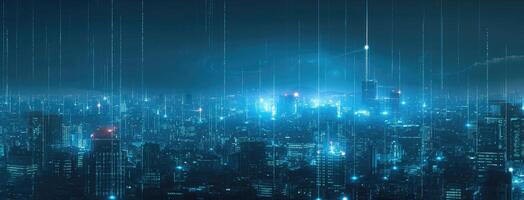 An image of a city with lights and digital data photo