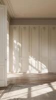 A room with white walls and wooden floors photo
