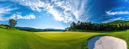 A golf course with a hole in the middle photo