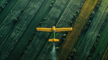 Aerial view of a yellow airplane flying over a field photo