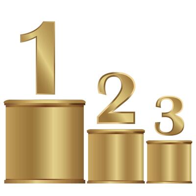 Golden podium three wins. Pedestal, nomination, title, rating, evaluation, sport illustration. Isolated on white background