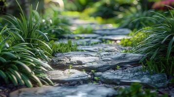 A stone path surrounded by green grass and plants photo