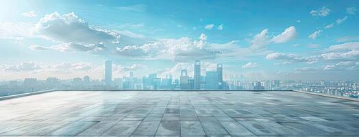 An empty concrete floor with a city skyline in the background photo