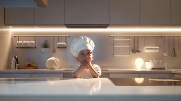 A little boy in a chef hat standing at the counter photo