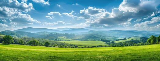 Green grassy meadow with mountains and clouds photo