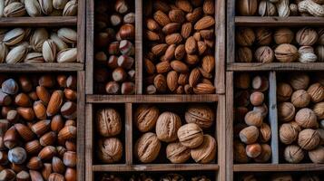 A variety of nuts in wooden boxes photo