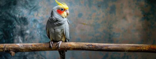 A parrot with a yellow head and red beak sitting on a branch photo