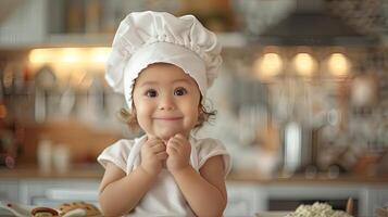 A baby in a chef hat is smiling photo