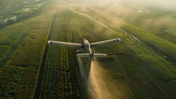 A plane spraying water on a field photo