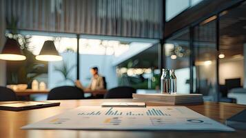 A laptop and a paper with graphs on it sitting on a table photo