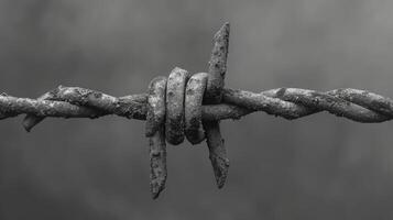 A barbed wire fence with a black and white photo