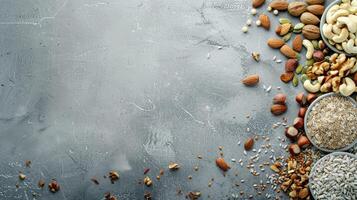 Nuts and seeds on a gray background photo
