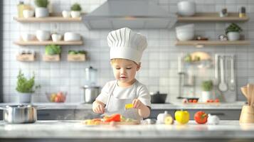 A young child in a chef hat is cooking food photo