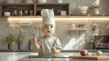A young child wearing a chef hat is standing in a kitchen photo