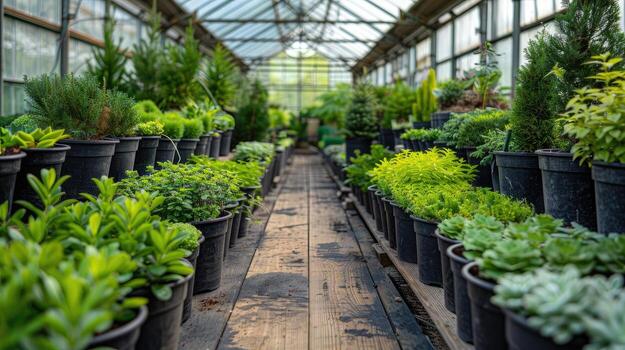 A long row of potted plants in a greenhouse photo