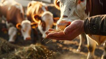 A person feeding hay to cows in a field photo