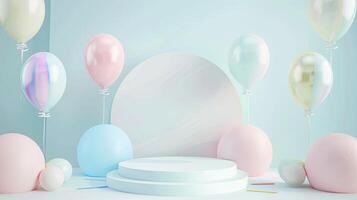 3d render of a white stage with balloons and easter eggs photo