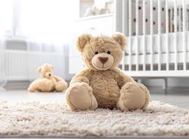 A teddy bear sits on a rug in a baby's room photo
