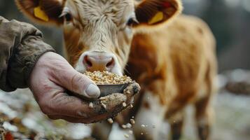 A person feeding a cow with a bowl of grain photo