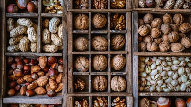 Nuts and nuts in wooden boxes photo