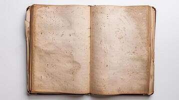 An old book with a torn page on a white background photo