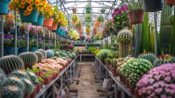 A large greenhouse filled with cactus plants photo