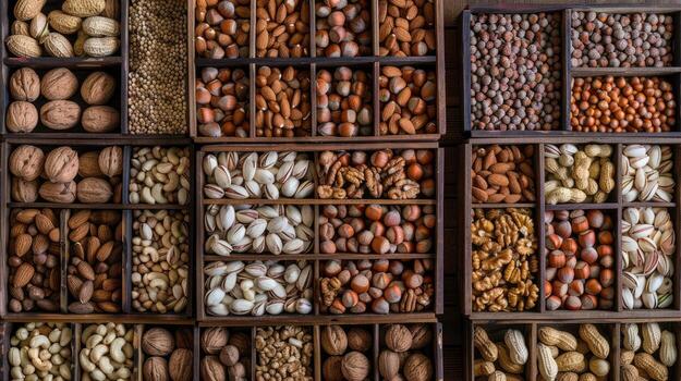 A variety of nuts and nuts in wooden boxes photo