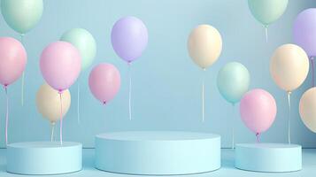 Pastel colored balloons on pedestal with blue background 3d rendering photo