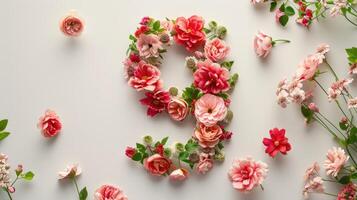 The number 9 is made of pink flowers photo