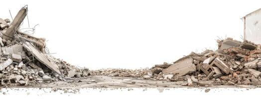 A drawing of a destroyed building with rubble on the ground photo