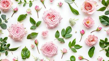 Pink roses arranged in a circle on a white background photo