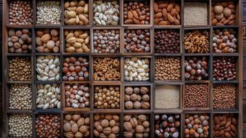 A variety of nuts and seeds in wooden boxes photo