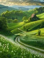 A green field with a house and a road photo