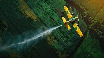 A plane spraying water on a green field photo