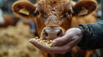 A person feeding a cow with grain photo