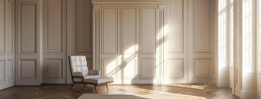 A room with a chair and a window photo