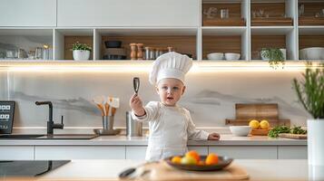 A young child in a chef hat holding a knife photo