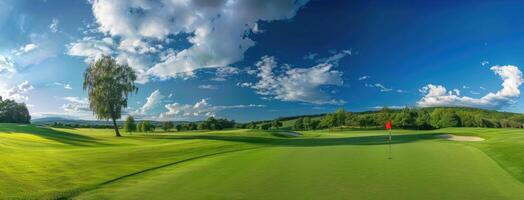 Golf course with green grass and trees photo