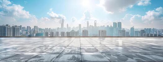An empty room with a cityscape in the background photo
