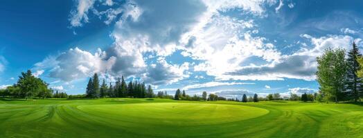 A golf course with trees and clouds photo