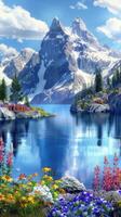 A beautiful landscape with flowers and mountains photo
