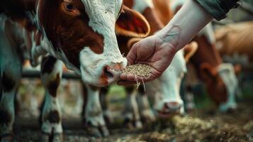 A person feeding grain to a cow photo